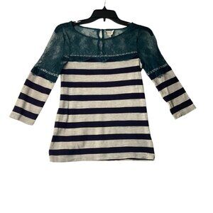 Anthropologie Deletta Women Sz XS White Navy Stripe Green Floral Lace Top Blouse